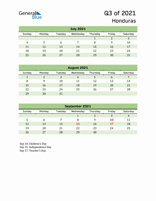 Quarterly Calendar 2021 with Honduras Holidays