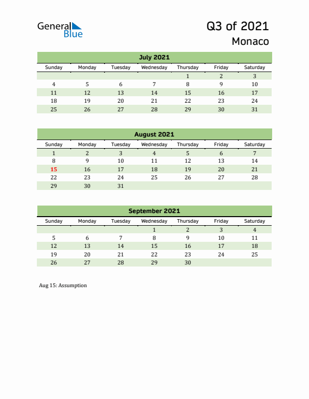 Quarterly Calendar 2021 with Monaco Holidays