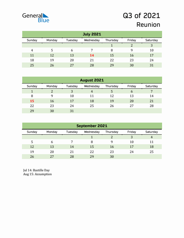 Quarterly Calendar 2021 with Reunion Holidays