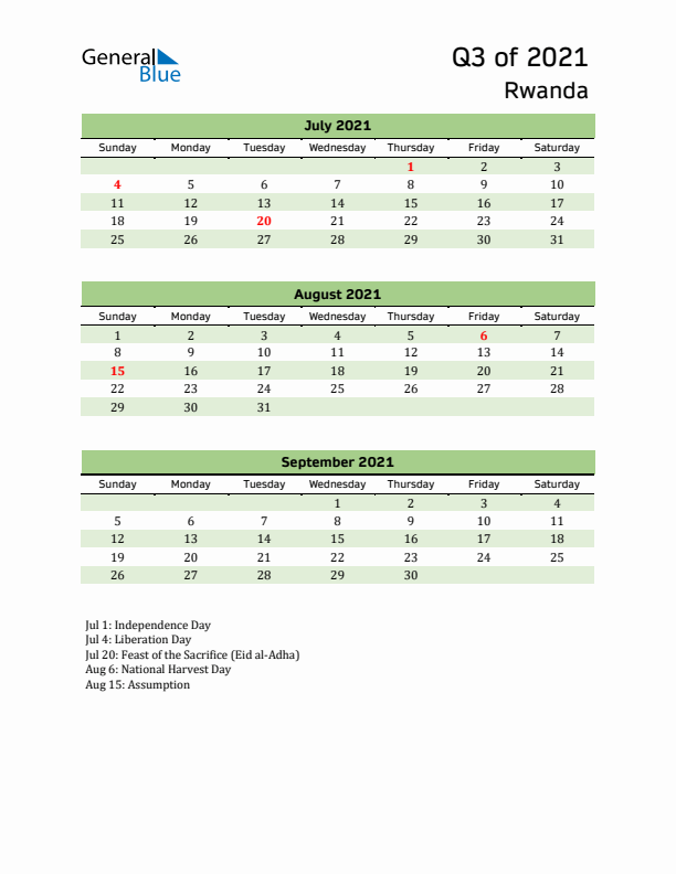 Quarterly Calendar 2021 with Rwanda Holidays