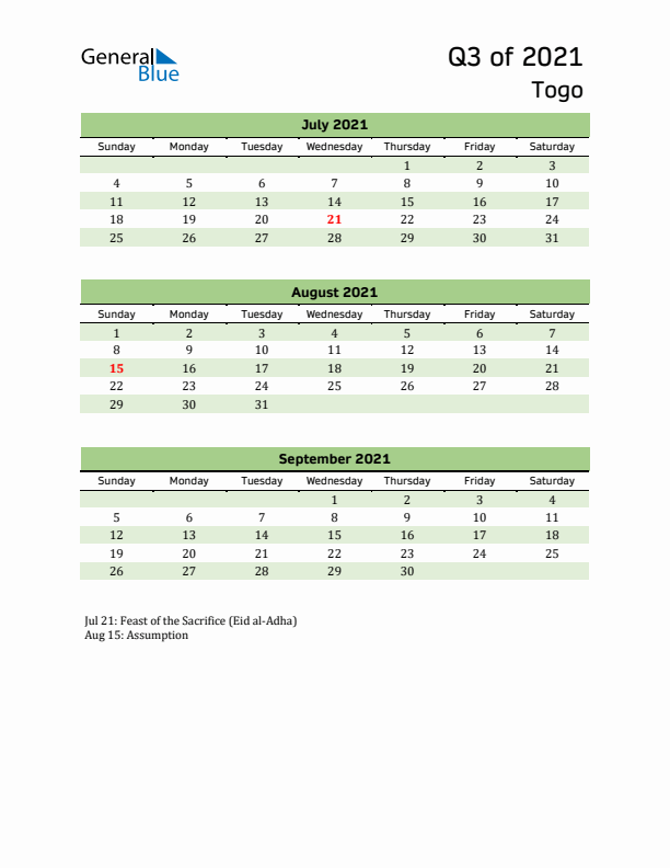 Quarterly Calendar 2021 with Togo Holidays
