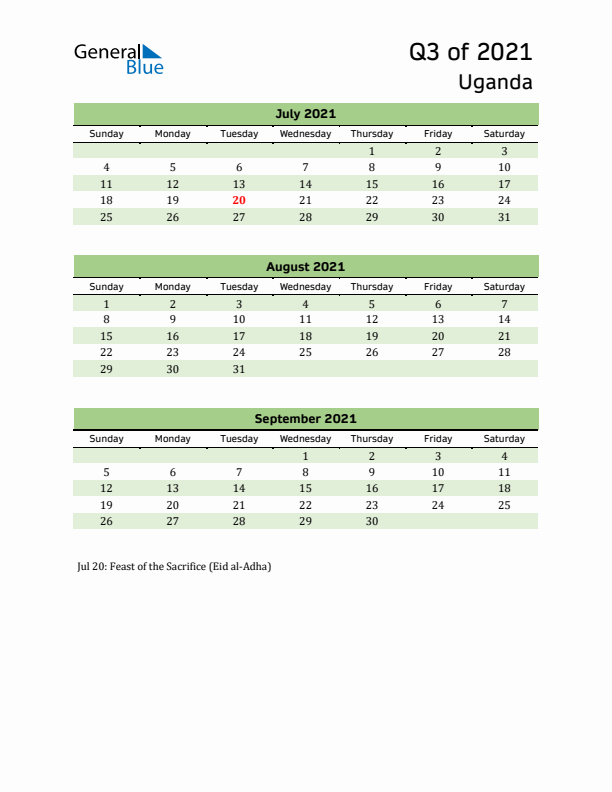 Quarterly Calendar 2021 with Uganda Holidays