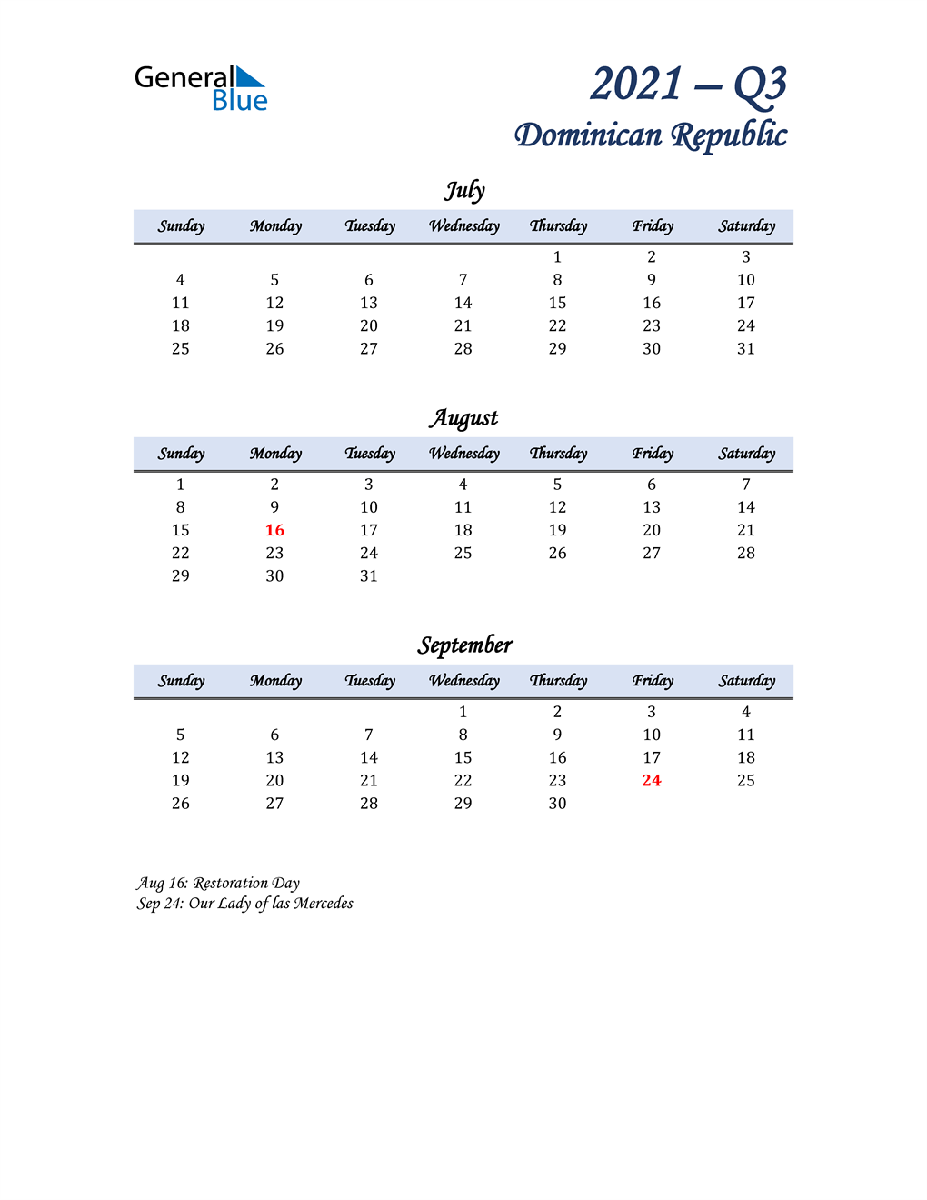  July, August, and September Calendar for Dominican Republic