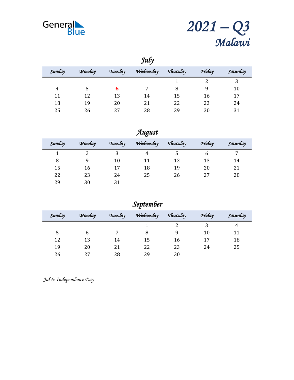  July, August, and September Calendar for Malawi