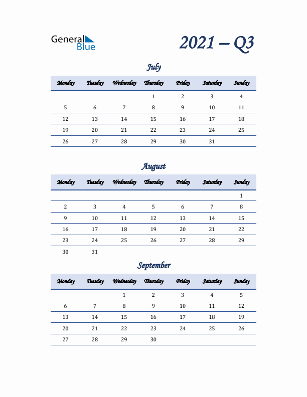 Monday Start 2021 Quarterly Calendar
