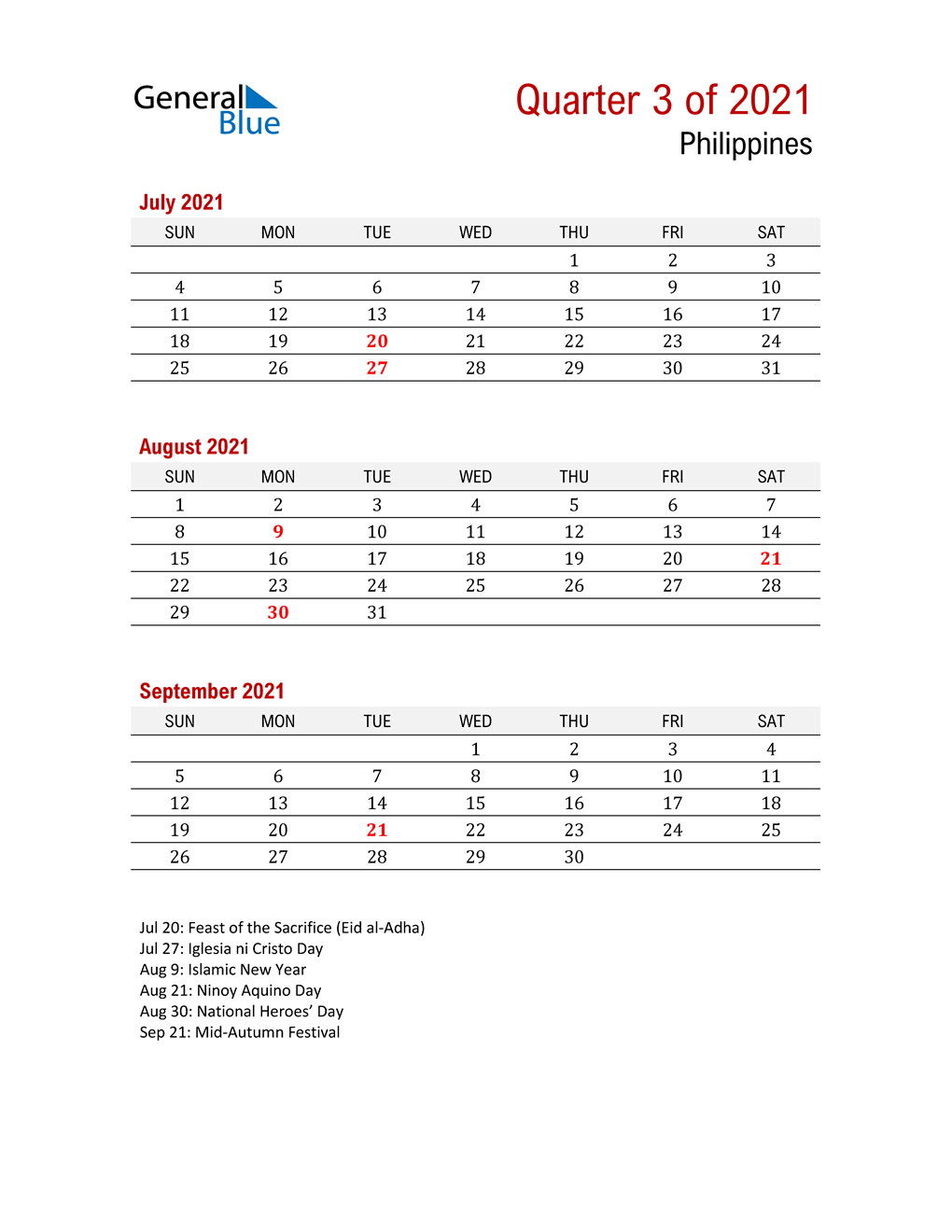  Printable Three Month Calendar for Philippines