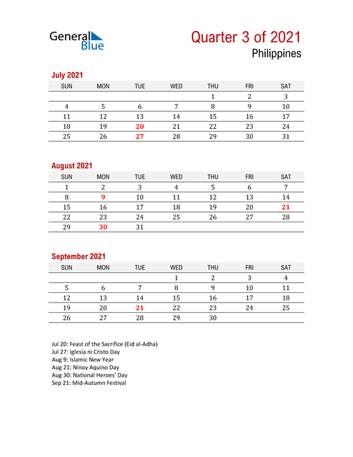  Printable Three Month Calendar for Philippines