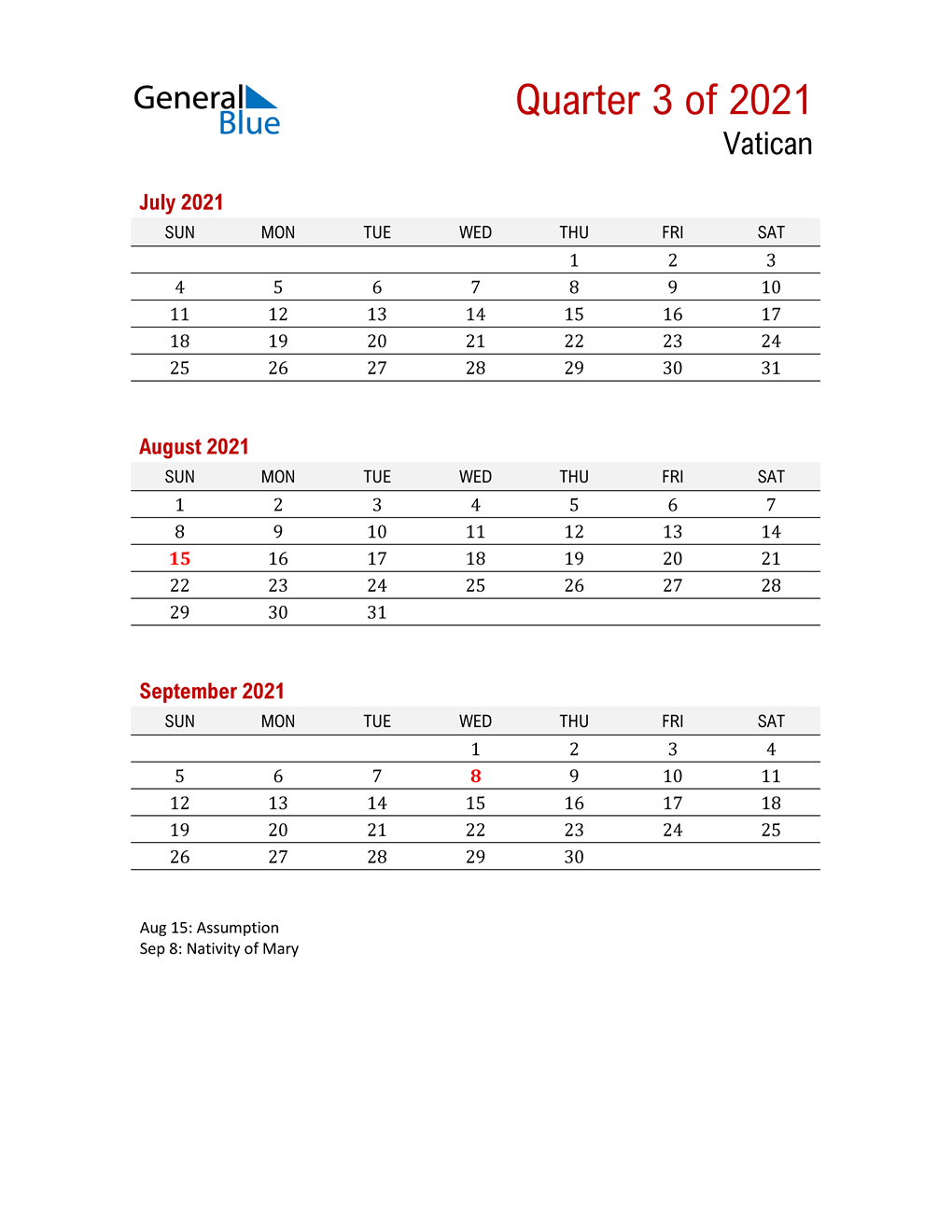  Printable Three Month Calendar for Vatican