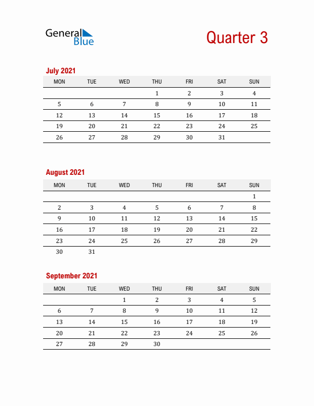 Three-Month Printable Calendar 2021