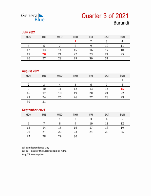 Printable Three Month Calendar with Burundi Holidays