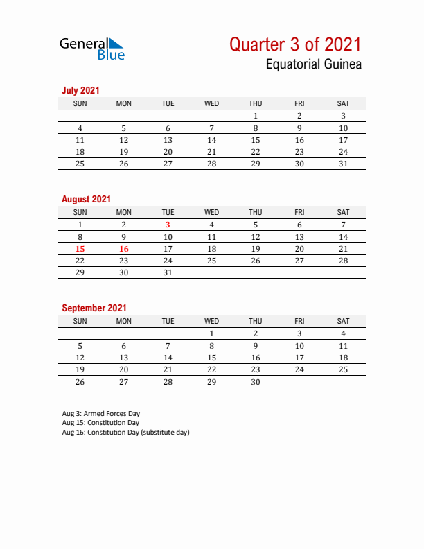Printable Three Month Calendar with Equatorial Guinea Holidays
