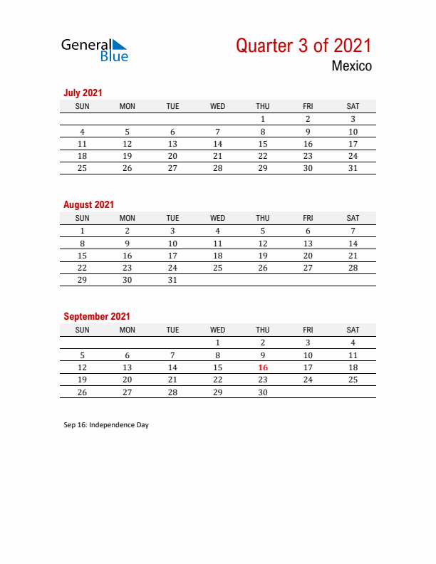 Printable Three Month Calendar with Mexico Holidays