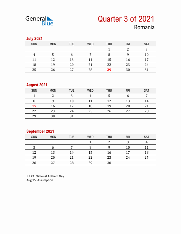 Printable Three Month Calendar with Romania Holidays