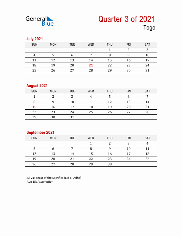 Printable Three Month Calendar with Togo Holidays