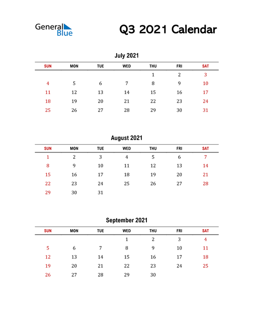  2021 Q3 Calendar with Red Weekend