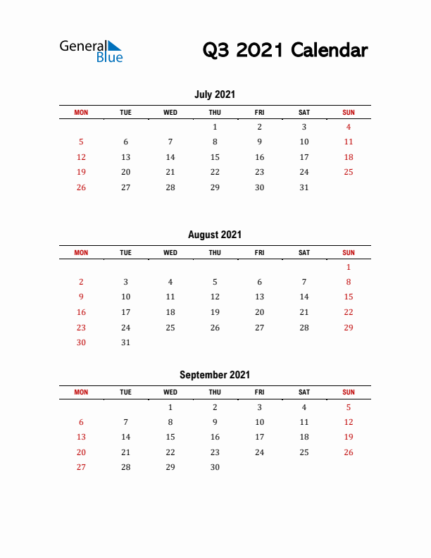2021 Q3 Calendar with Red Weekend