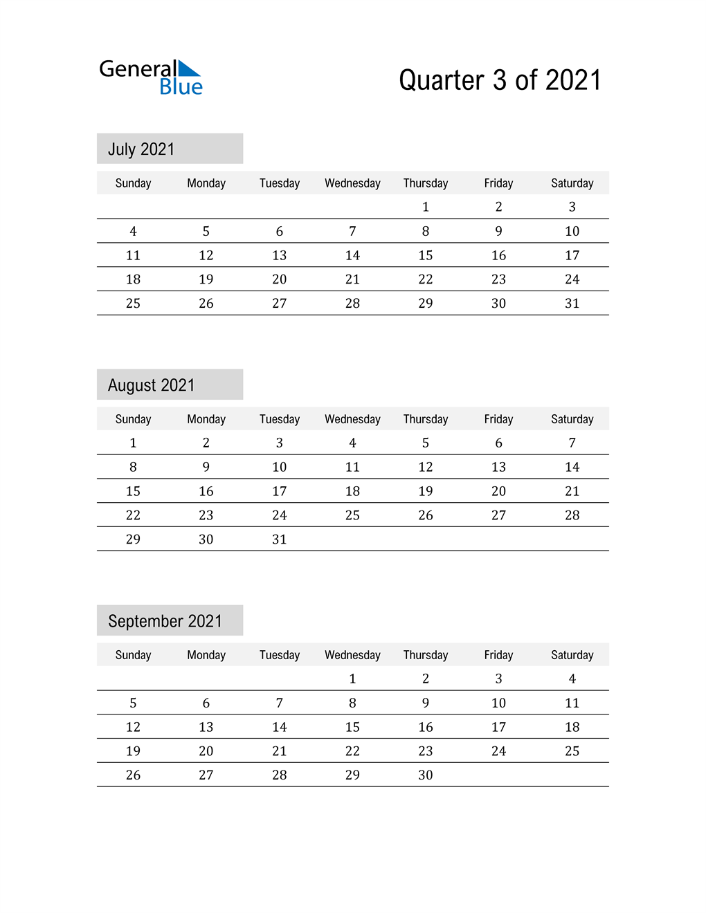  July, August, and September Calendar 2021