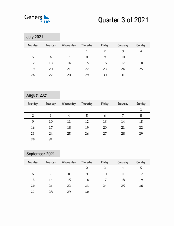 July, August, and September Calendar 2021