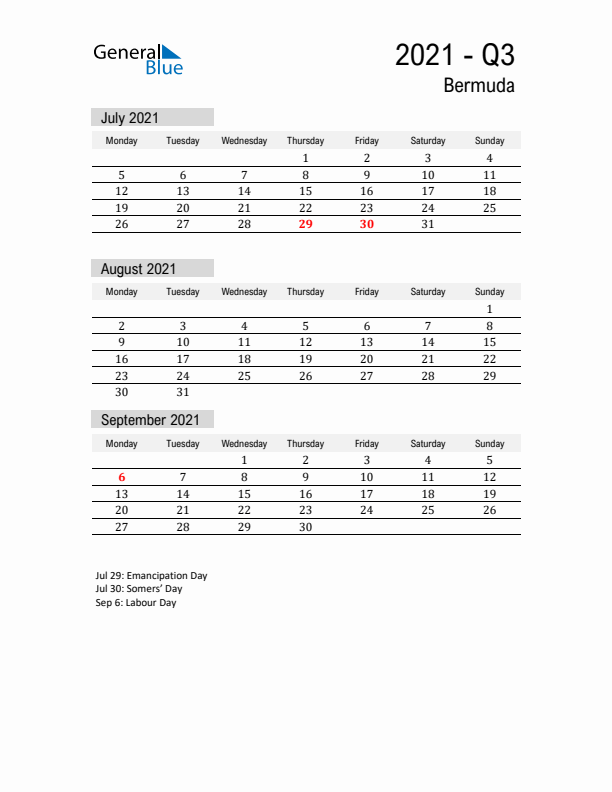 Bermuda Quarter 3 2021 Calendar with Holidays