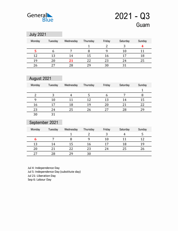 Guam Quarter 3 2021 Calendar with Holidays