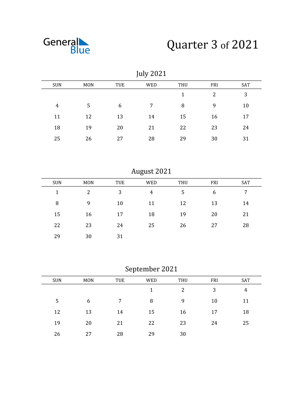  2021 Three-Month Calendar