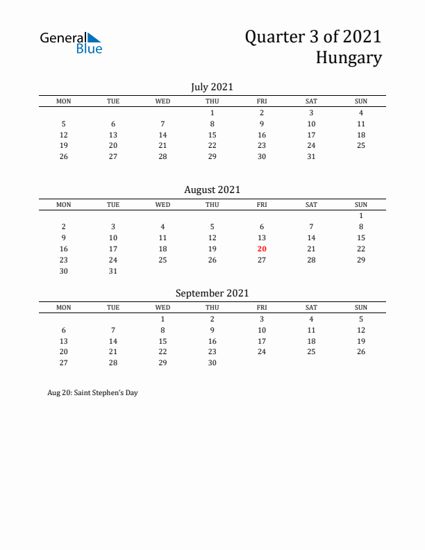 Quarter 3 2021 Hungary Quarterly Calendar