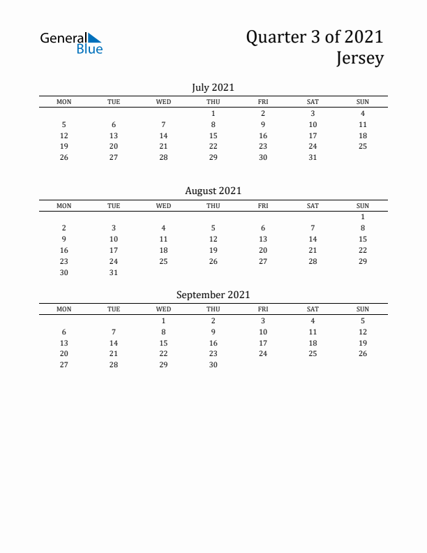 Quarter 3 2021 Jersey Quarterly Calendar