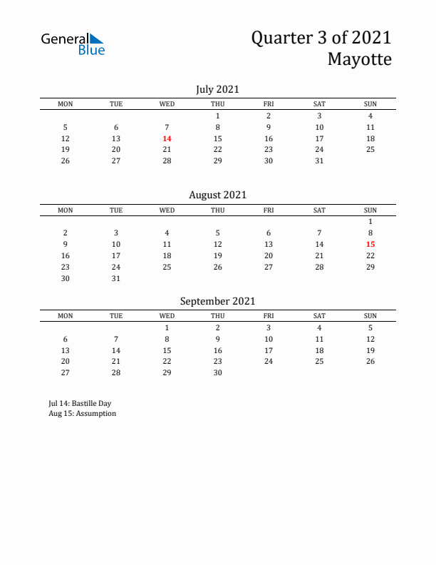 Quarter 3 2021 Mayotte Quarterly Calendar