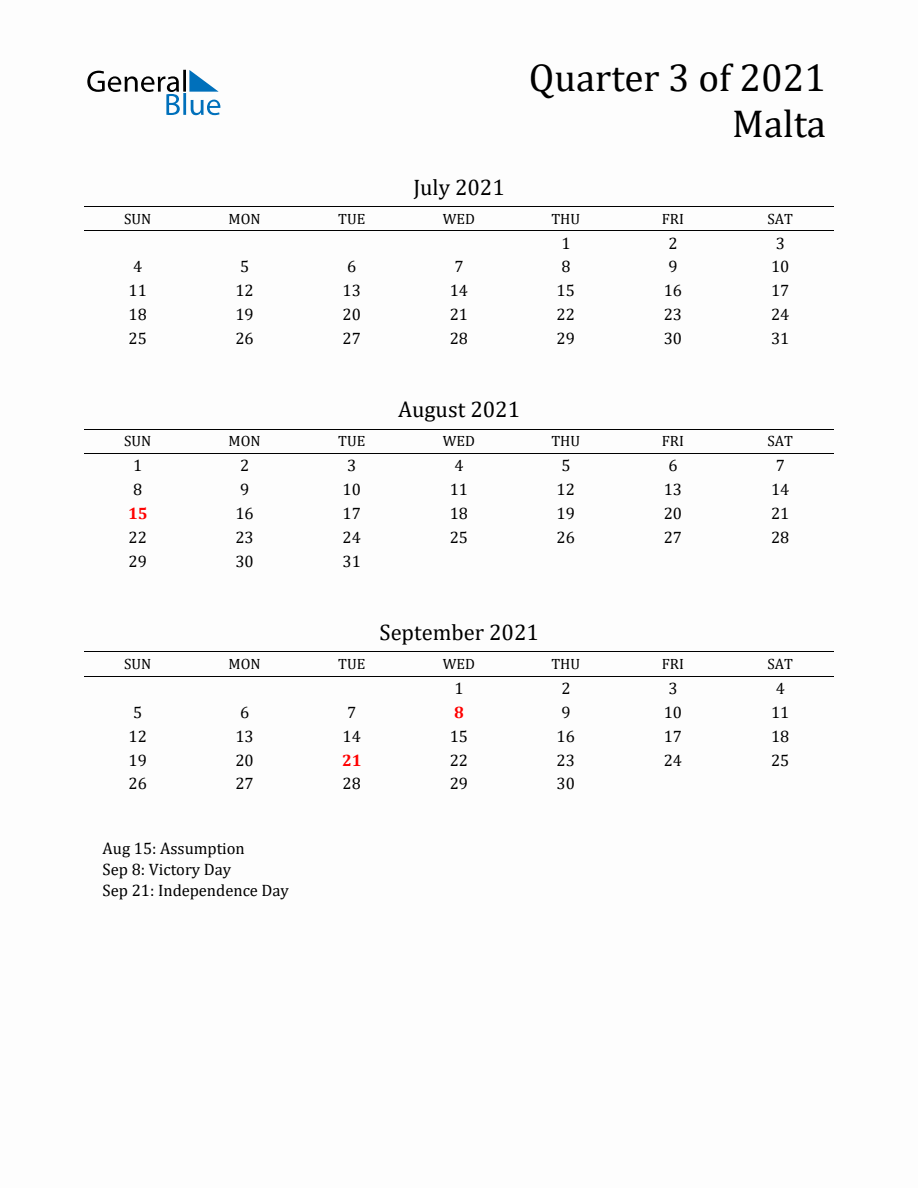 Quarter 3 2021 Malta Quarterly Calendar