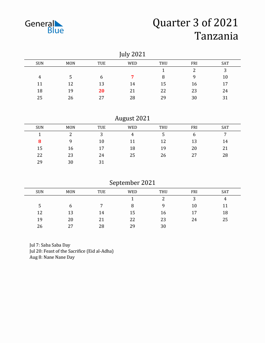 Quarter 3 2021 Tanzania Quarterly Calendar