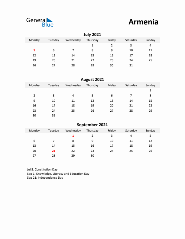 Printable Quarterly Calendar with Notes and Armenia Holidays- Q3 of 2021