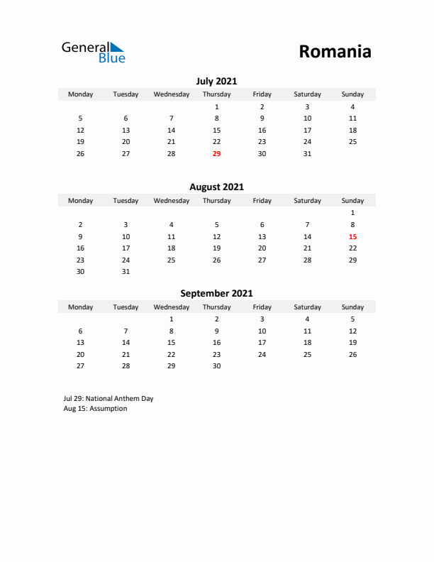 Printable Quarterly Calendar with Notes and Romania Holidays- Q3 of 2021