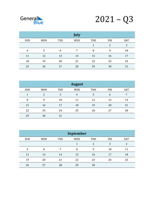  July, August, and September 2021 Calendar