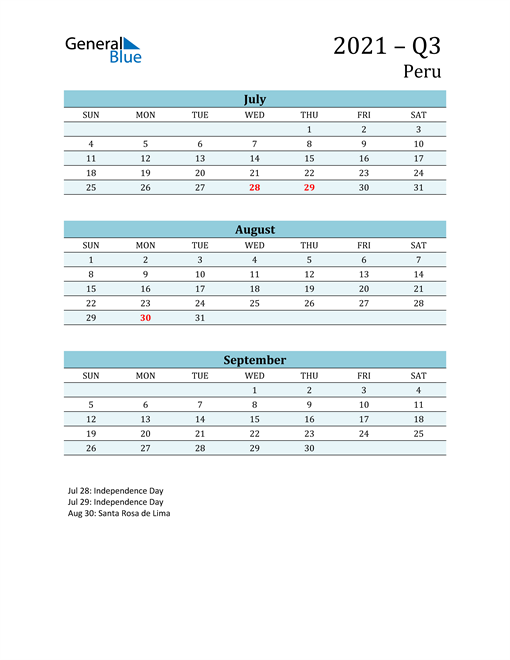  Three-Month Planner for Q3 2021 with Holidays