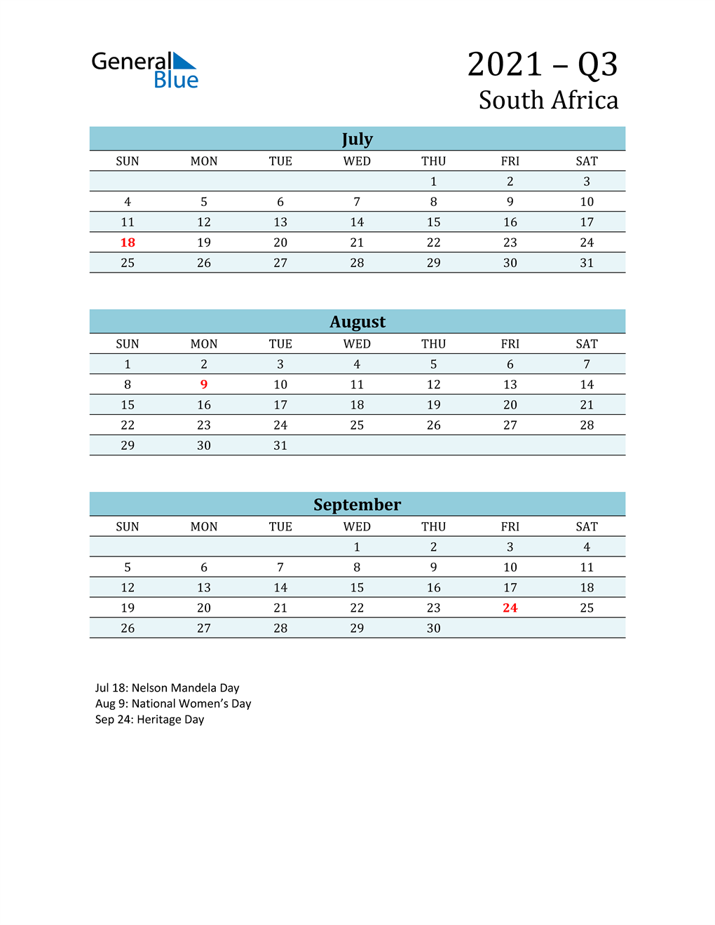  Three-Month Planner for Q3 2021 with Holidays