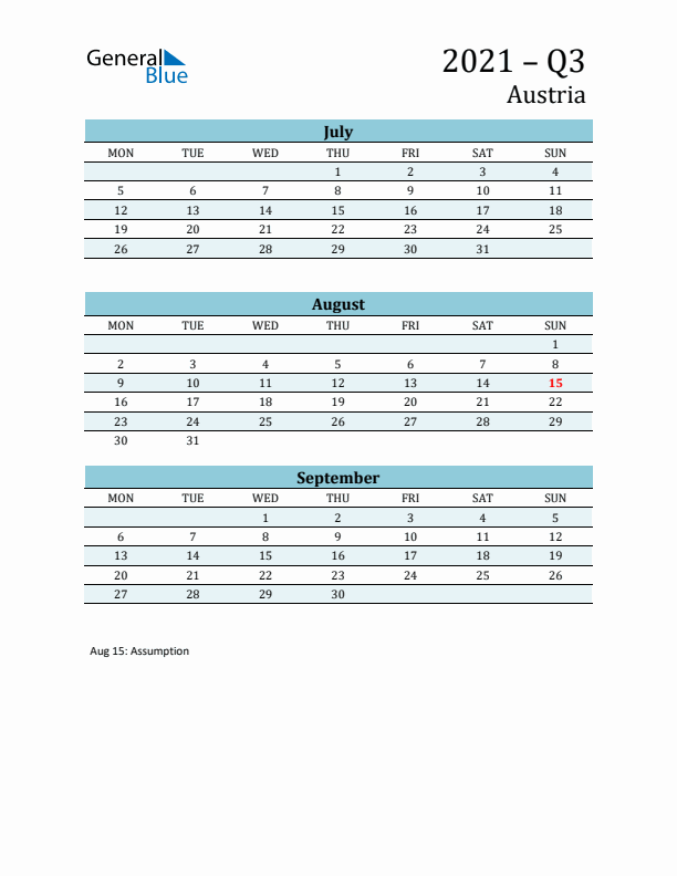 Three-Month Planner for Q3 2021 with Holidays - Austria