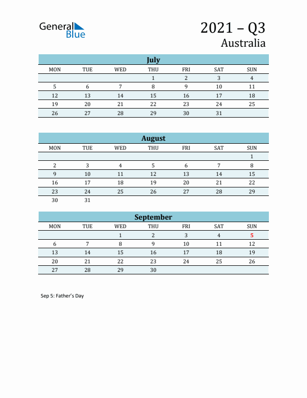 Three-Month Planner for Q3 2021 with Holidays - Australia
