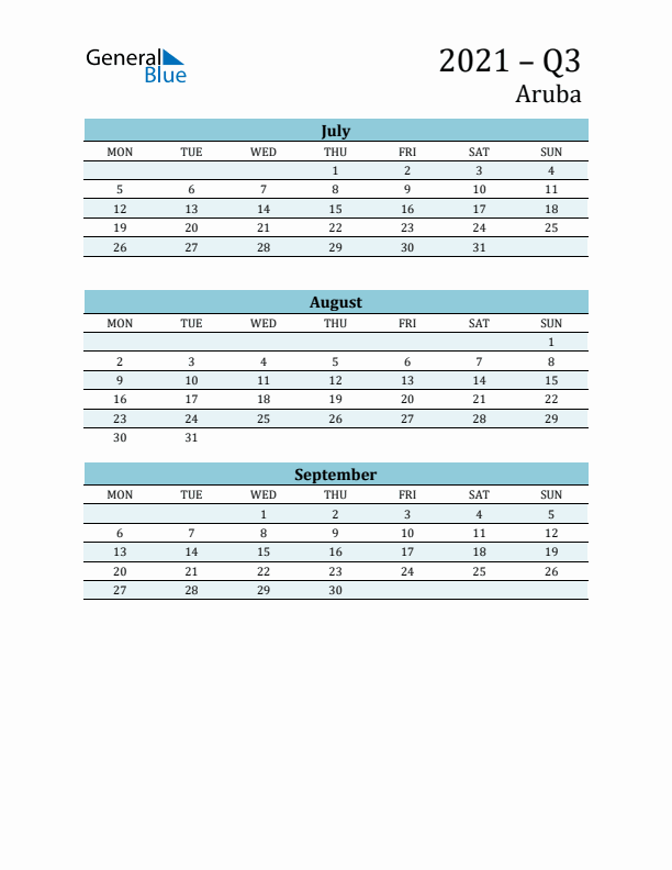 Three-Month Planner for Q3 2021 with Holidays - Aruba