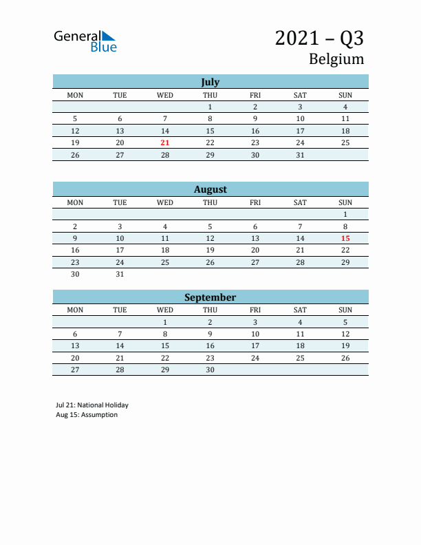 Three-Month Planner for Q3 2021 with Holidays - Belgium