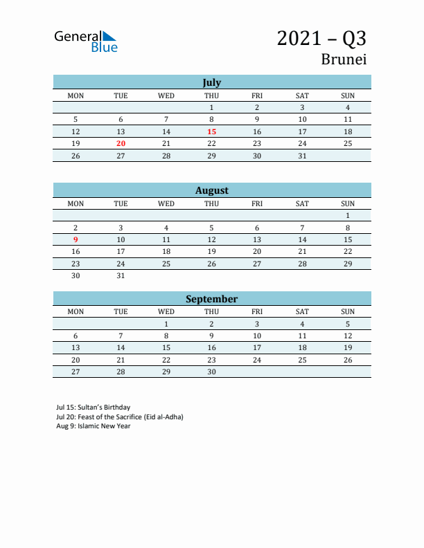 Three-Month Planner for Q3 2021 with Holidays - Brunei