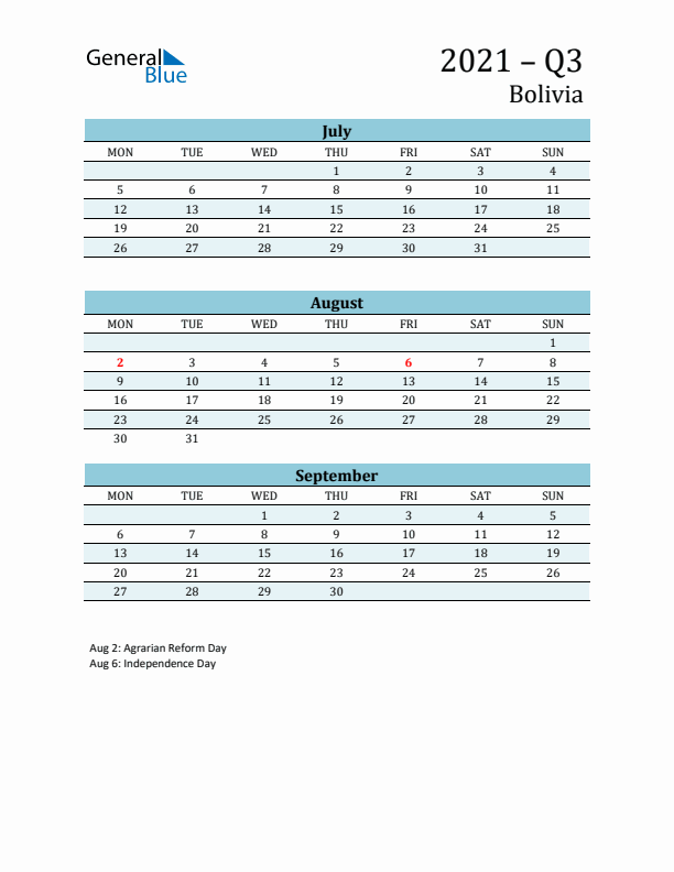 Three-Month Planner for Q3 2021 with Holidays - Bolivia