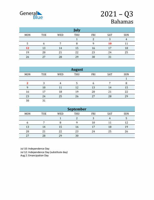Three-Month Planner for Q3 2021 with Holidays - Bahamas