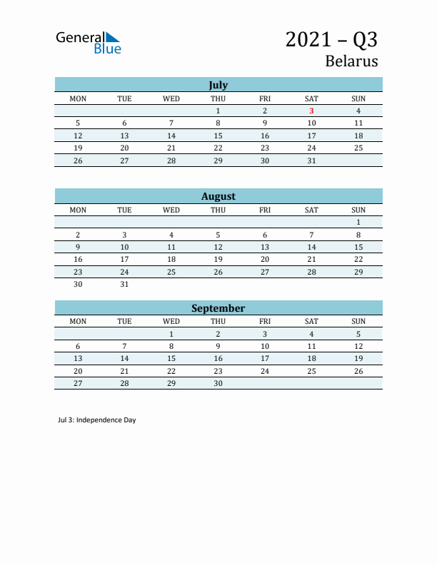 Three-Month Planner for Q3 2021 with Holidays - Belarus