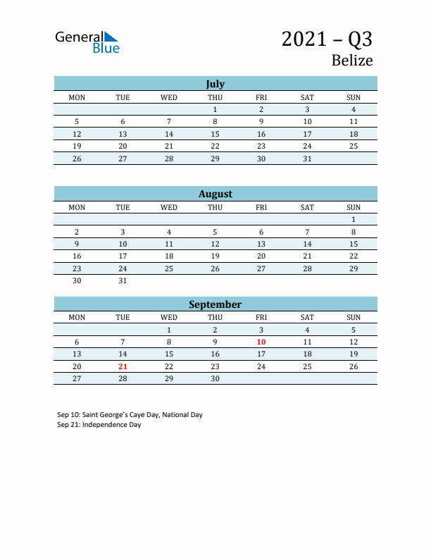 Three-Month Planner for Q3 2021 with Holidays - Belize