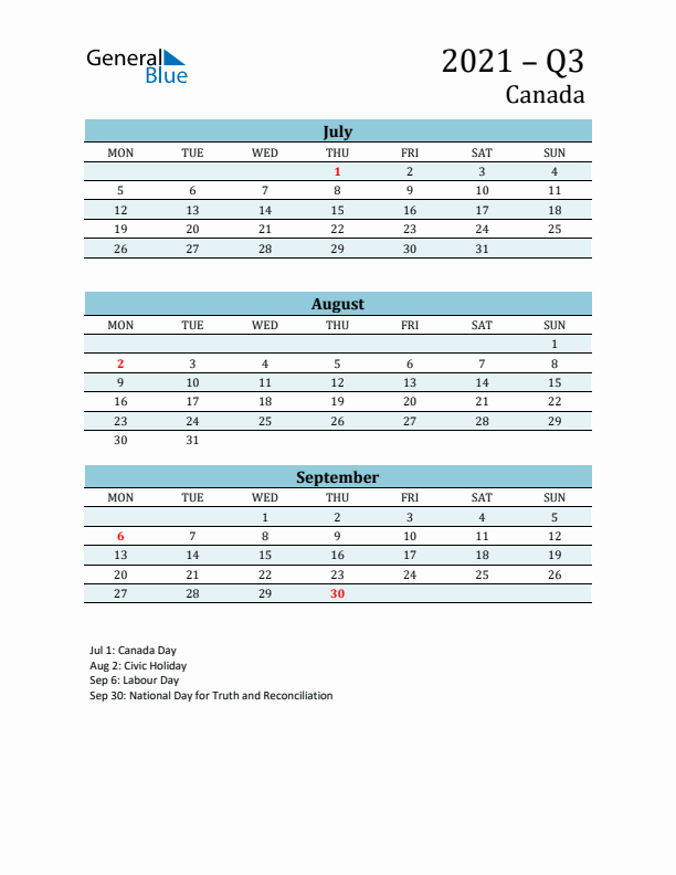 Three-Month Planner for Q3 2021 with Holidays - Canada