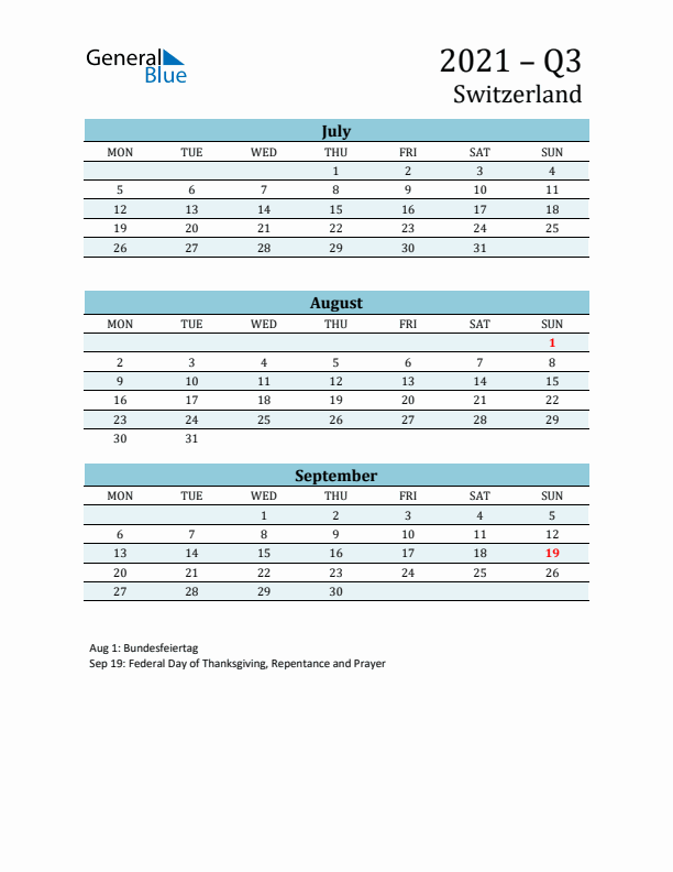 Three-Month Planner for Q3 2021 with Holidays - Switzerland