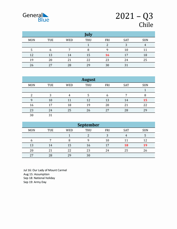 Three-Month Planner for Q3 2021 with Holidays - Chile