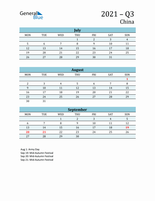 Three-Month Planner for Q3 2021 with Holidays - China
