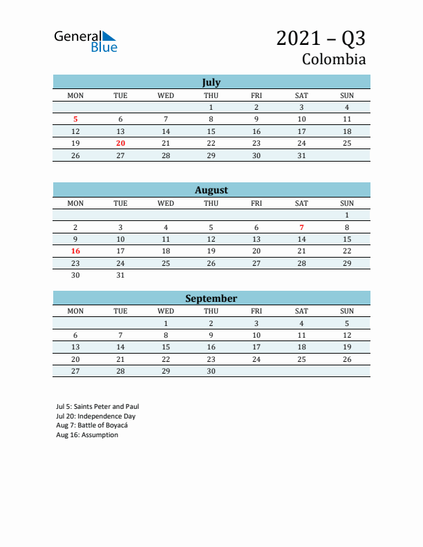 Three-Month Planner for Q3 2021 with Holidays - Colombia