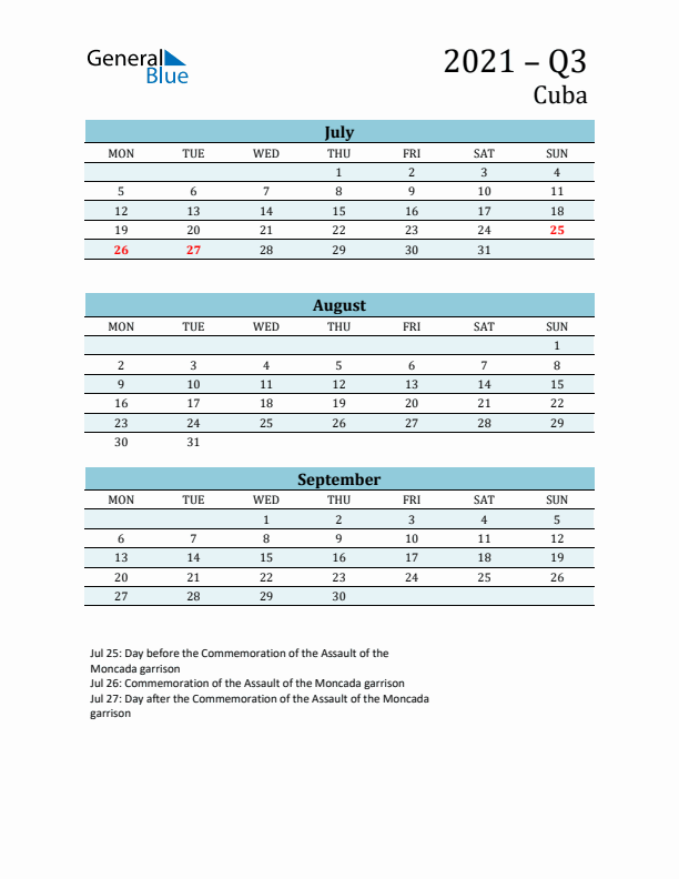Three-Month Planner for Q3 2021 with Holidays - Cuba